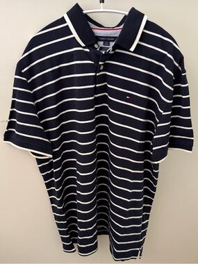 Tommy Hilfiger Navy and White Striped Polo Shirt. Logo. Men’s Classic Fit Large